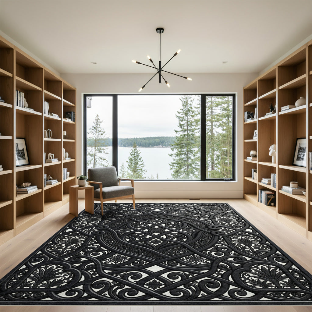 Ornate Black Ironwork Scroll Filigree Rug
