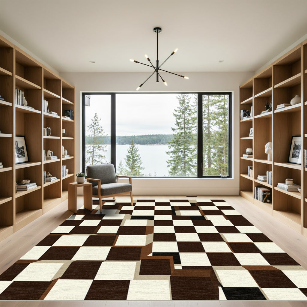Brown White 3D Checkerboard Cubes Rug