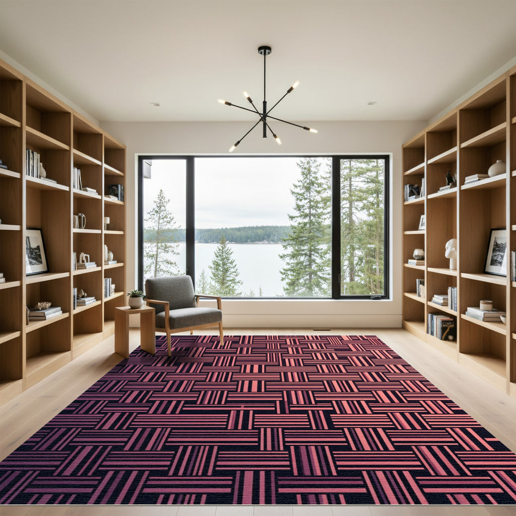 Modern Blush Rose Woven Basket Grid Rug