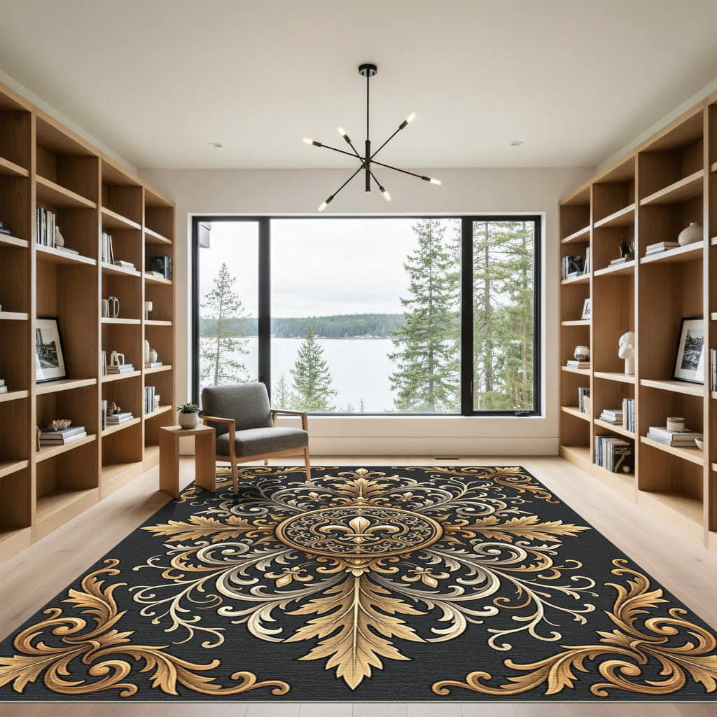 Ornate Golden Fleur de Lis Medallion Rug