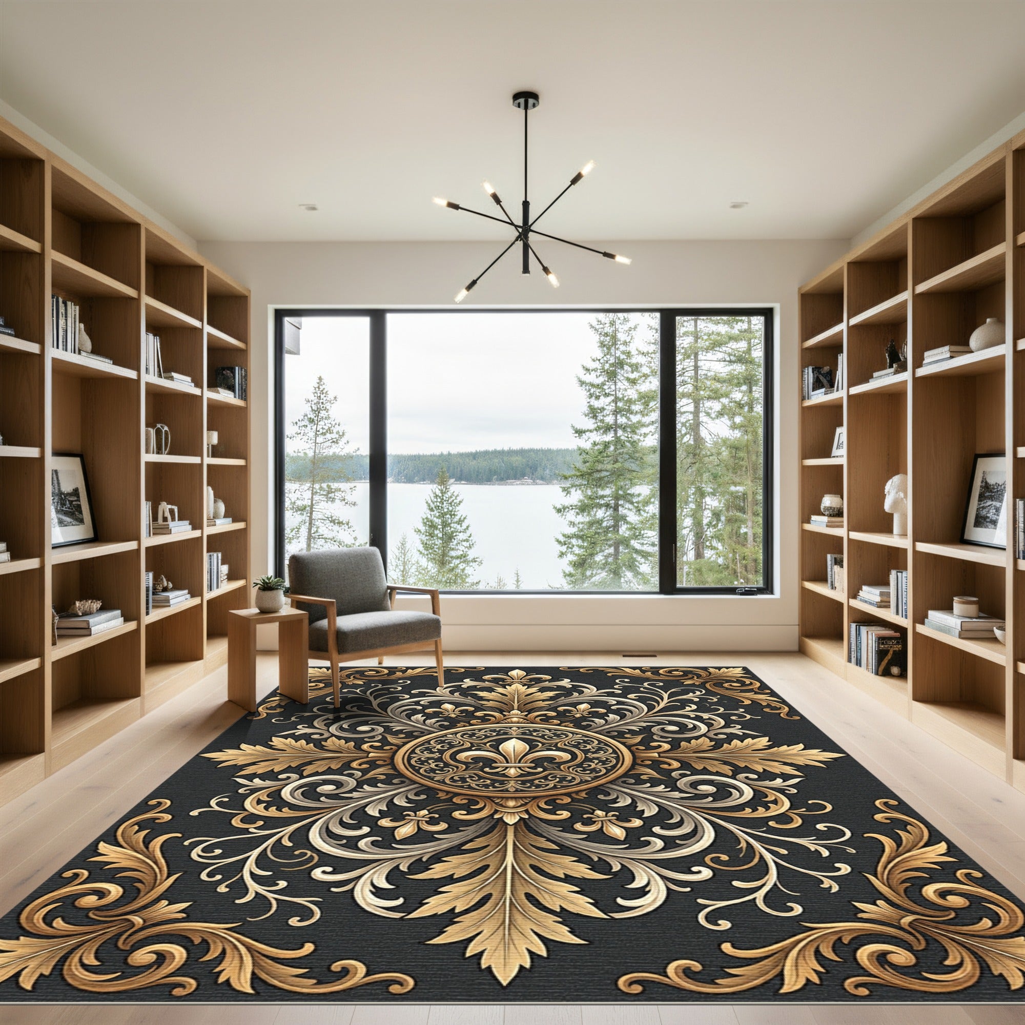 Ornate Golden Fleur de Lis Medallion Rug
