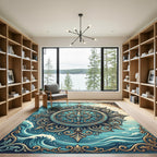 Ornate Teal Compass Nautical Medallion Rug
