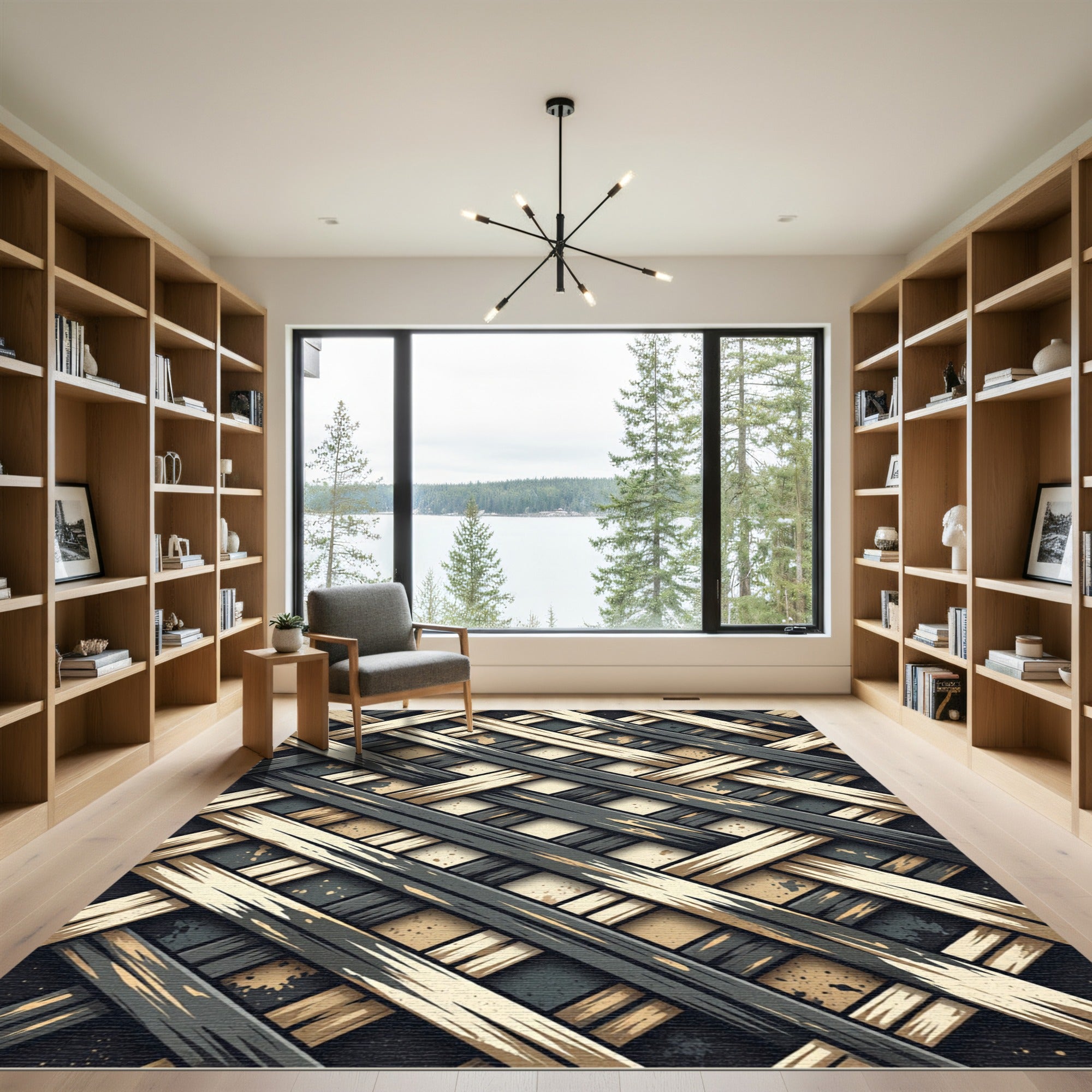 Interlocking Charcoal and Cream Geometric Weave Rug