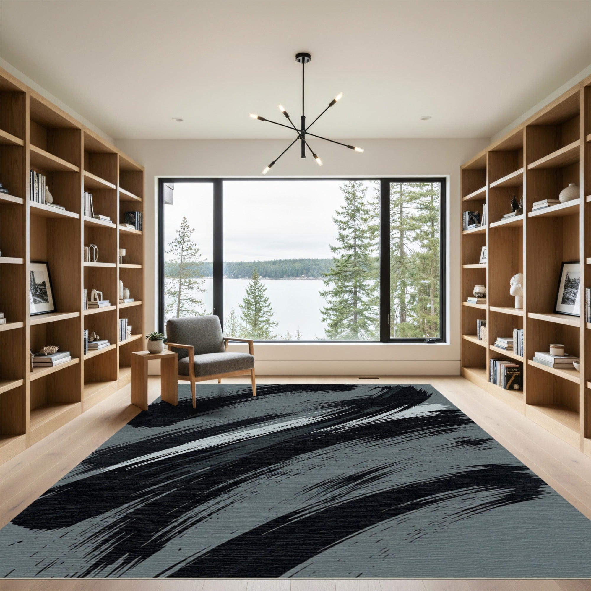Bold Charcoal Brushstroke Abstract Rug