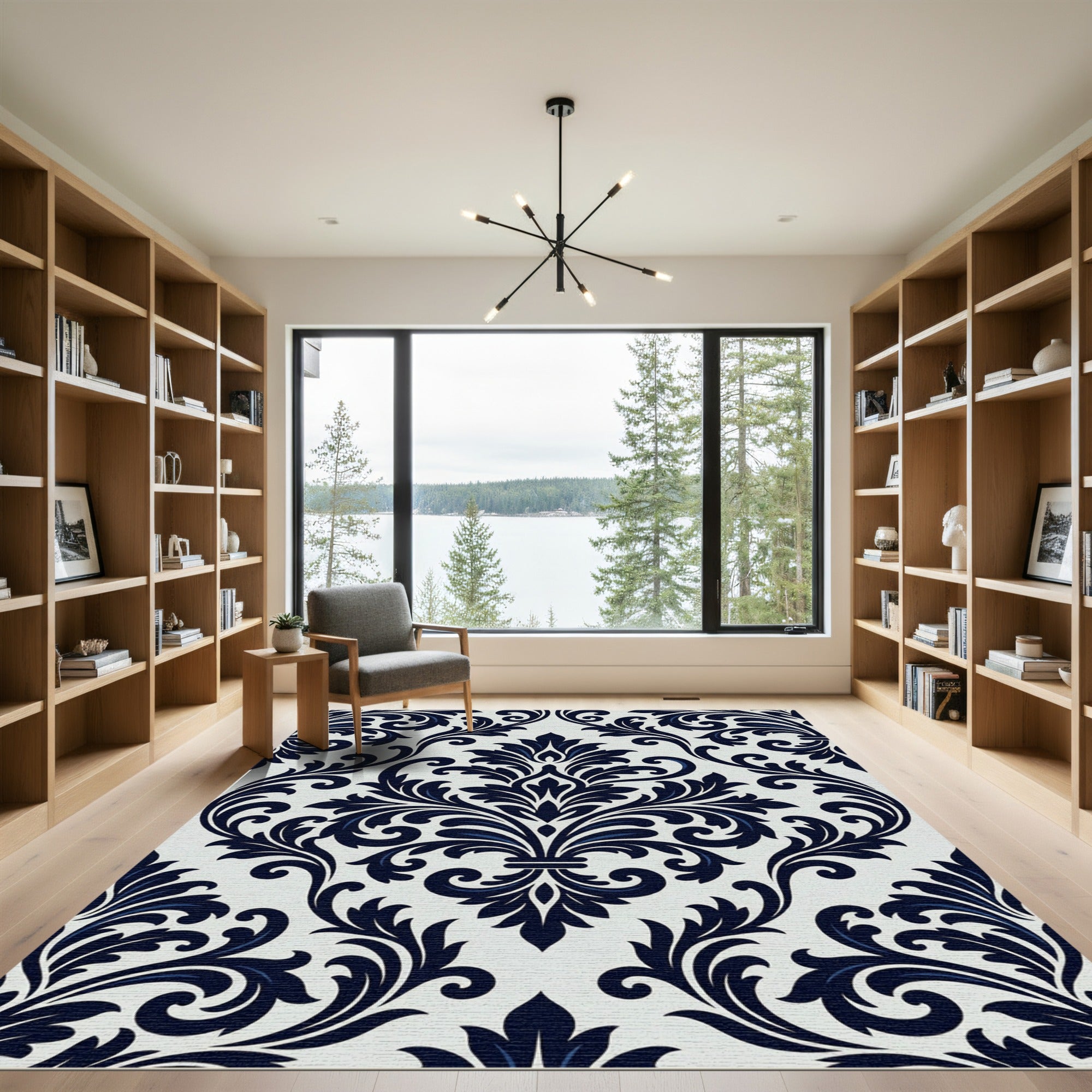 Navy Blue Damask Scroll Floral Art Rug