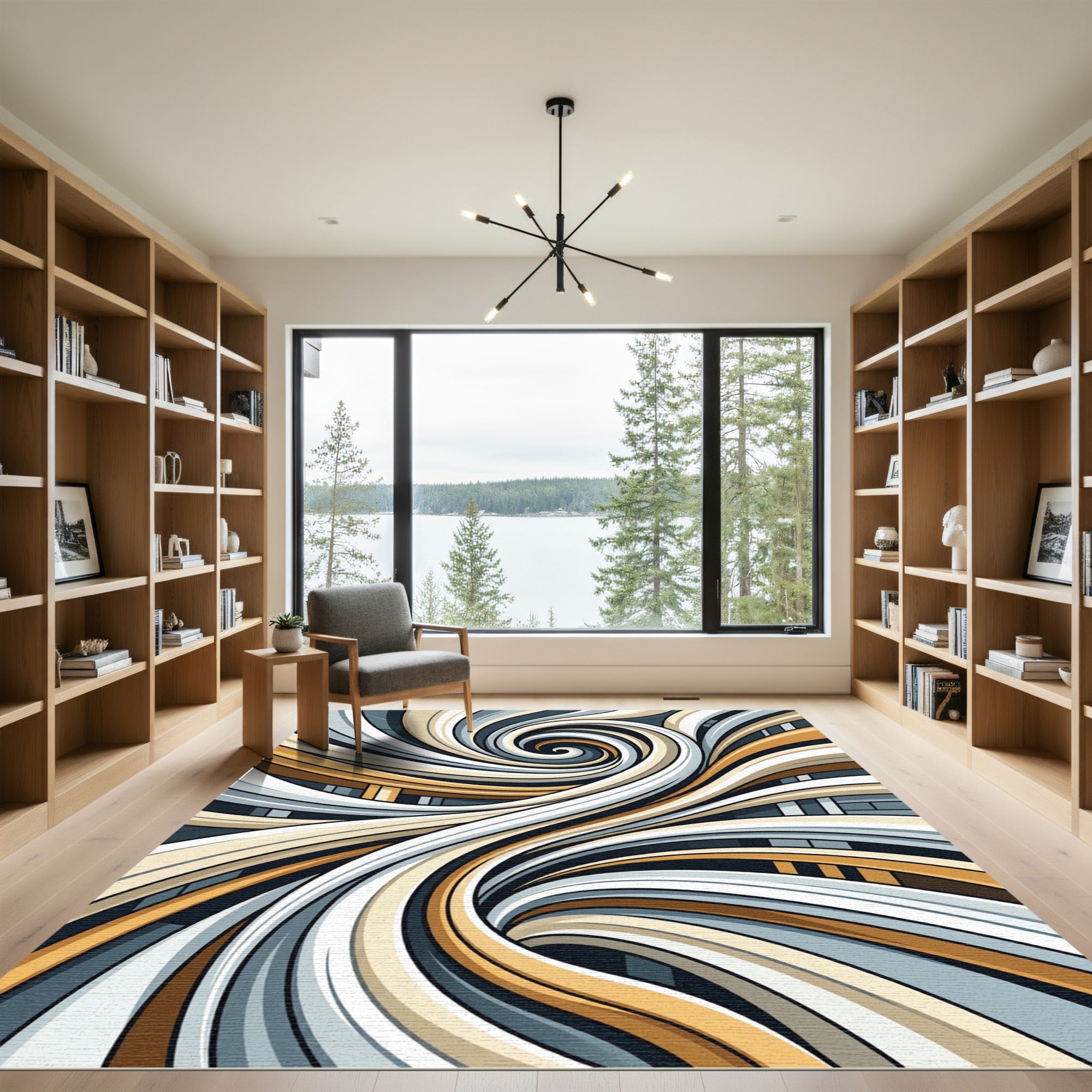 Modern Gold and Gray Abstract Swirl Rug