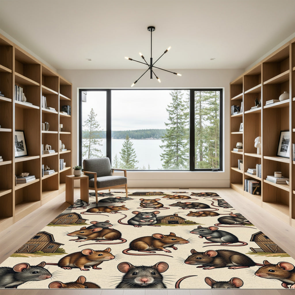Whimsical Farmhouse Mouse And Barn Creams Rug