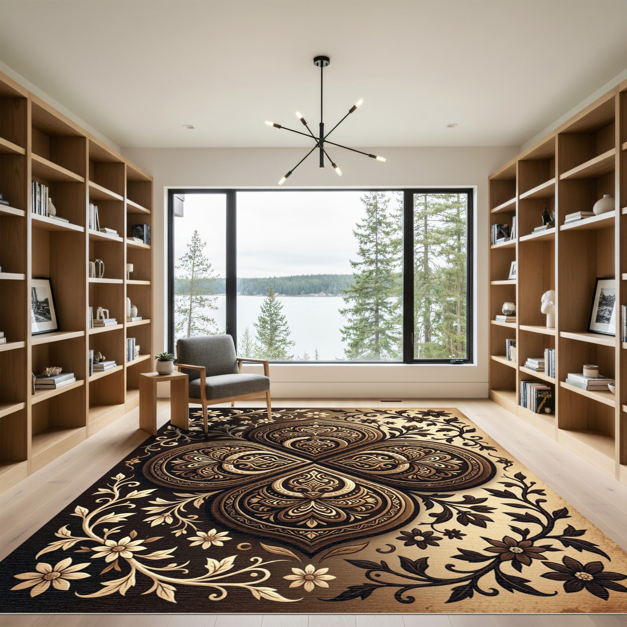 Elegant Bronze Floral Quadrant Medallion Rug
