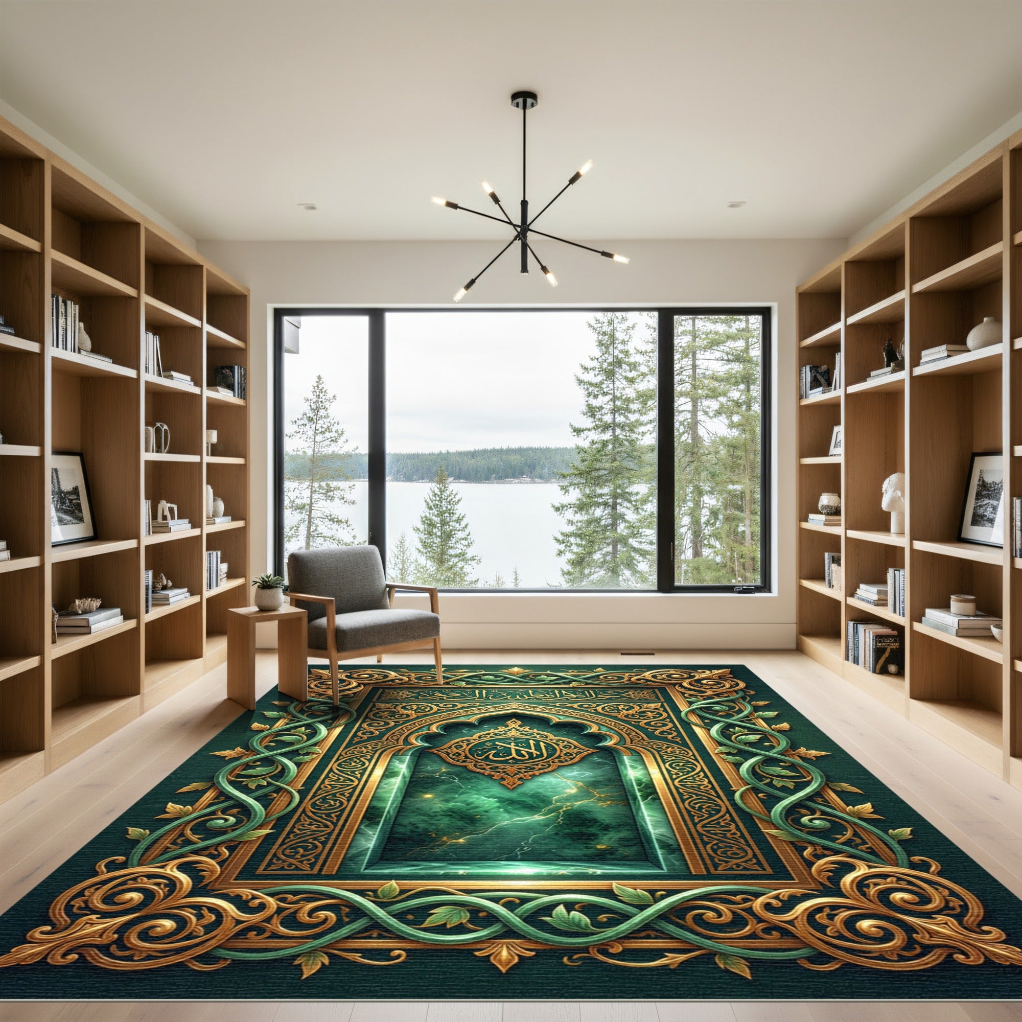 Emerald Gold Ornate Calligraphy Arch Rug