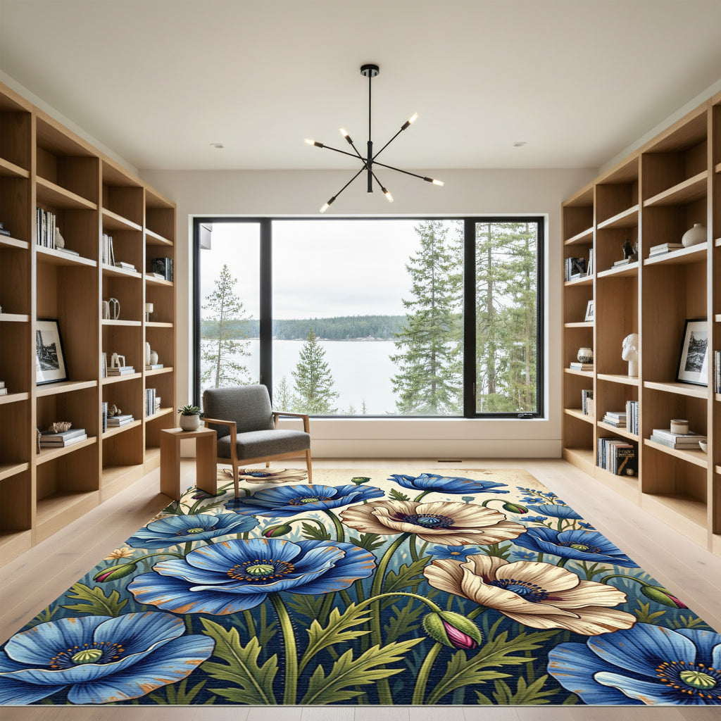 Blue Cream Poppy Garden Arrangement Rug