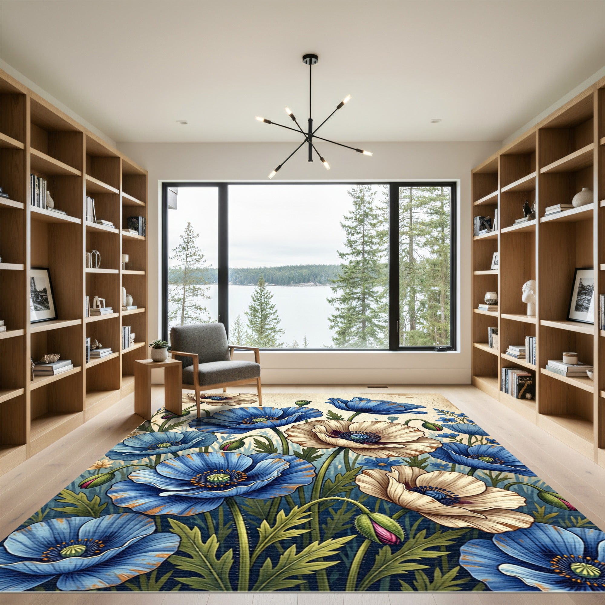 Blue Cream Poppy Garden Arrangement Rug