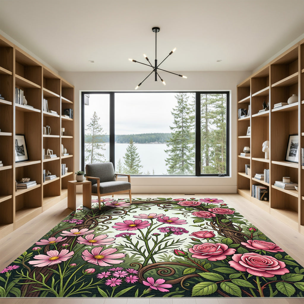 Romantic Pink Rose and Cosmos Garden Rug