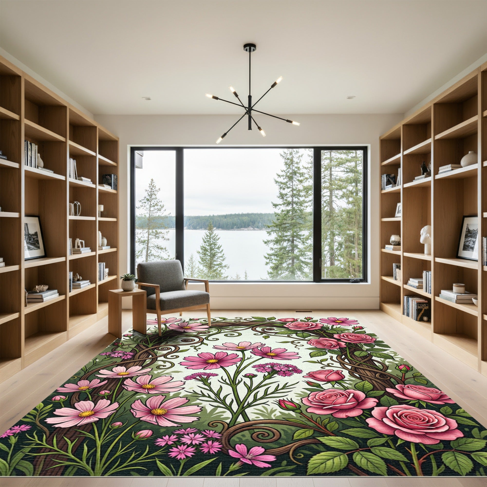 Romantic Pink Rose and Cosmos Garden Rug