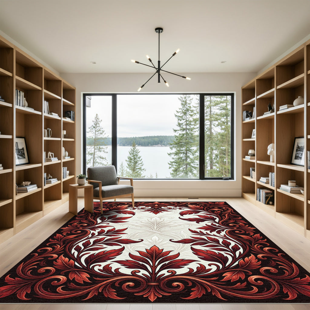 Ornate Red Leaf Scroll Frame Rug