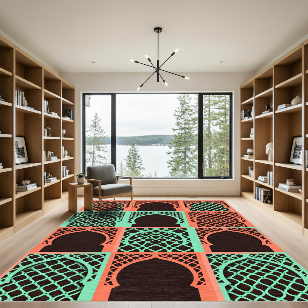 Coral and Teal Lattice Arch Grid Rug