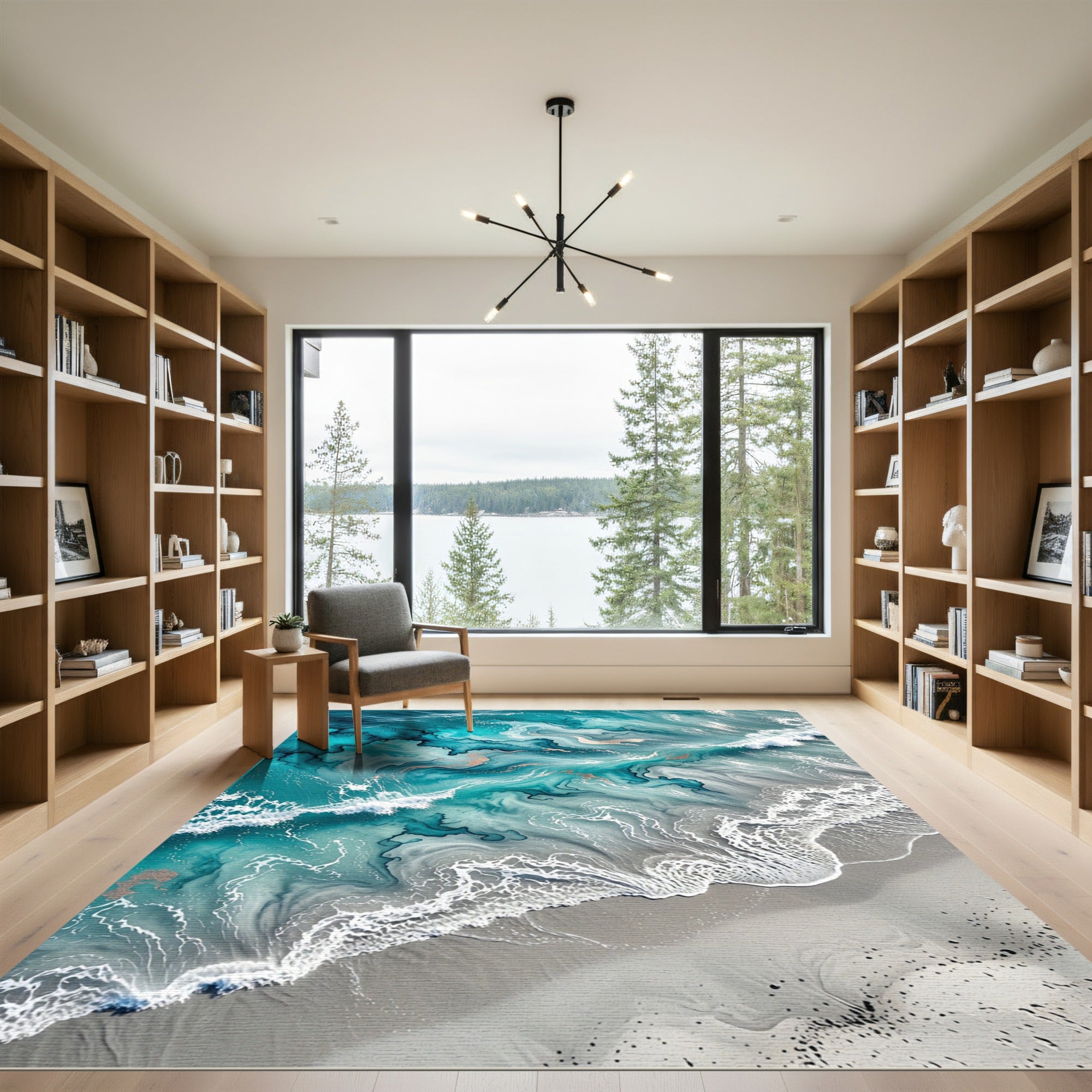 Abstract Teal Ocean Wave Gold Foil Rug