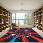 Vibrant Red Blue Starburst Geometric Art Rug