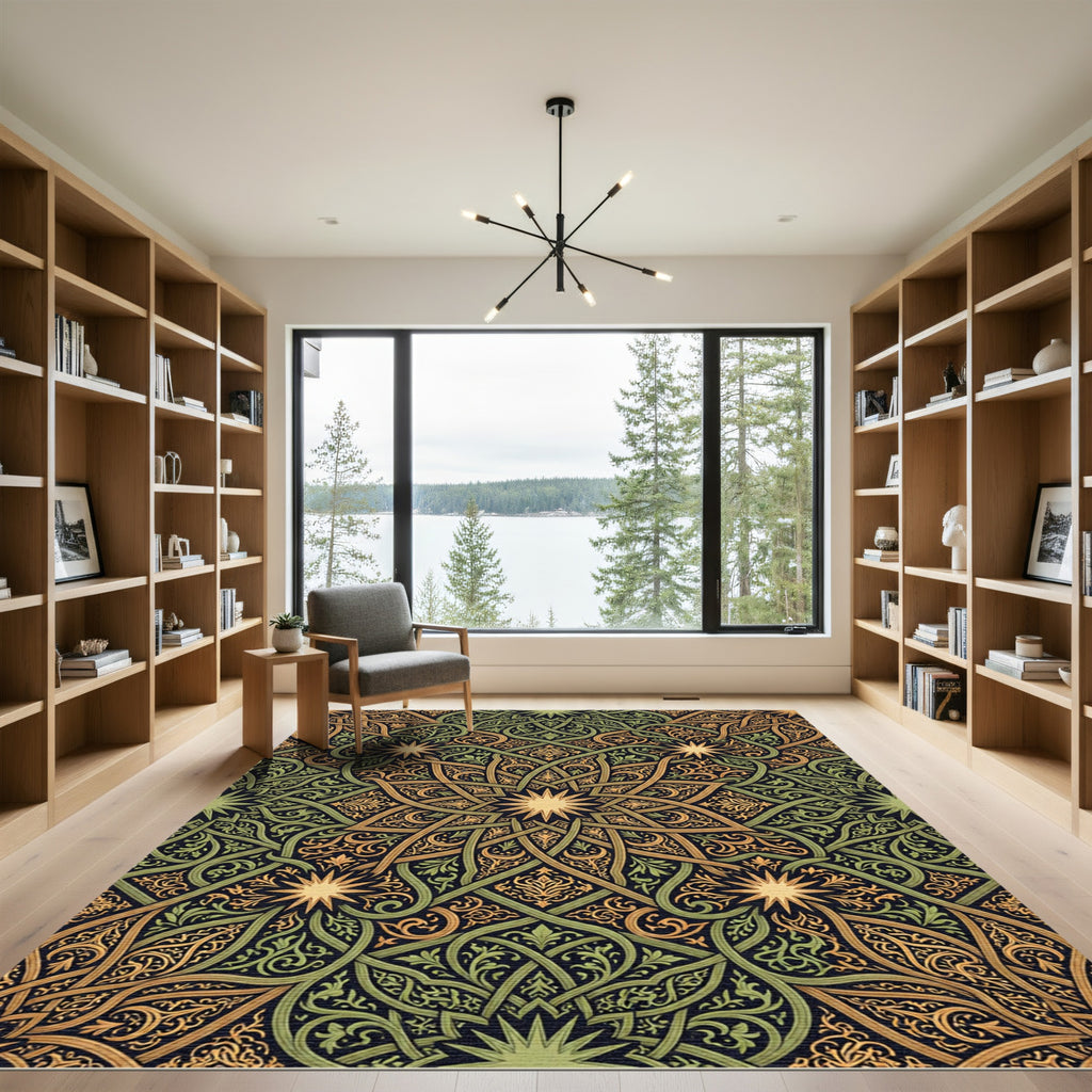 Intricate Gold Green Starburst Arabesque Rug