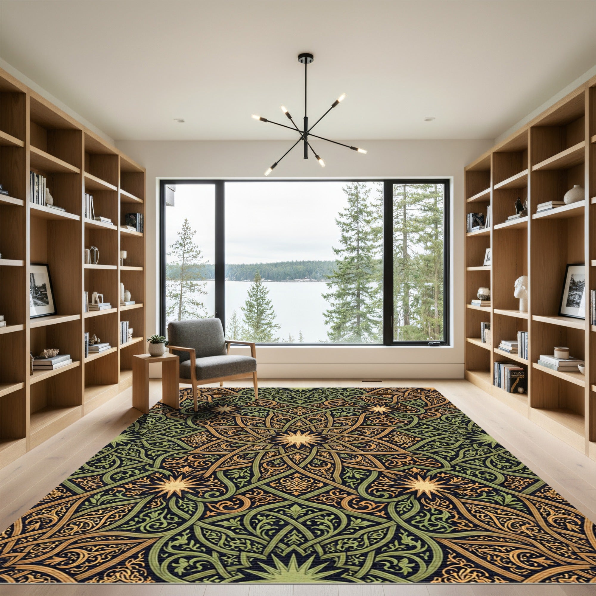 Intricate Gold Green Starburst Arabesque Rug