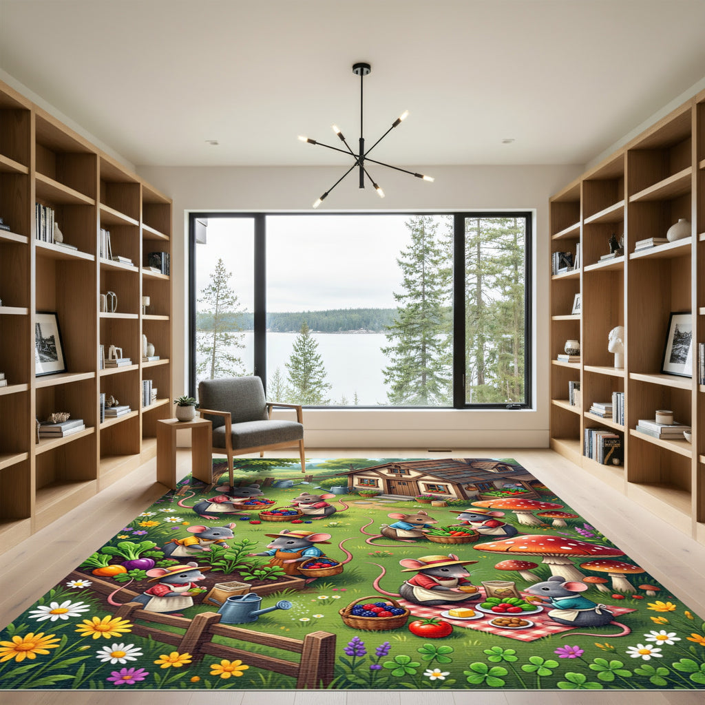 Whimsical Mouse Garden Village Scene Rug