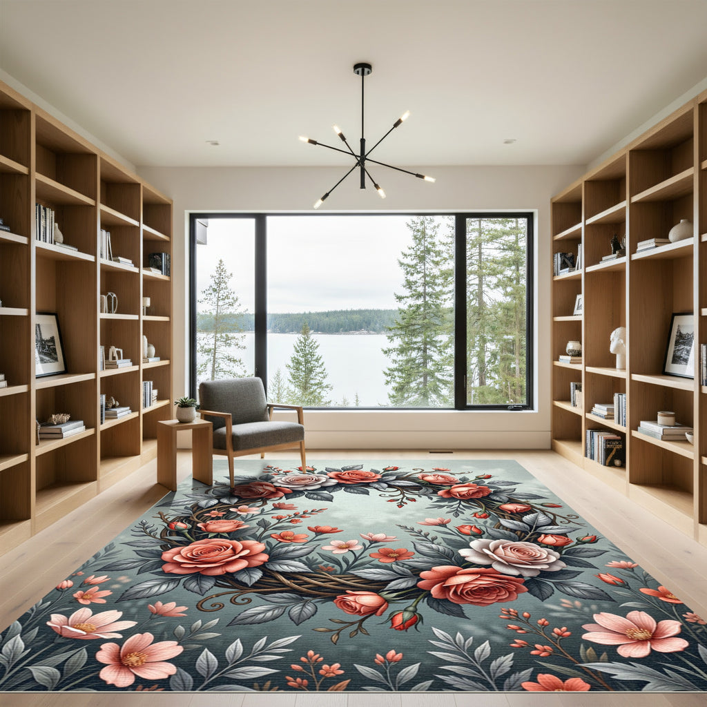 Elegant Peach Rose Wreath Illustration Rug