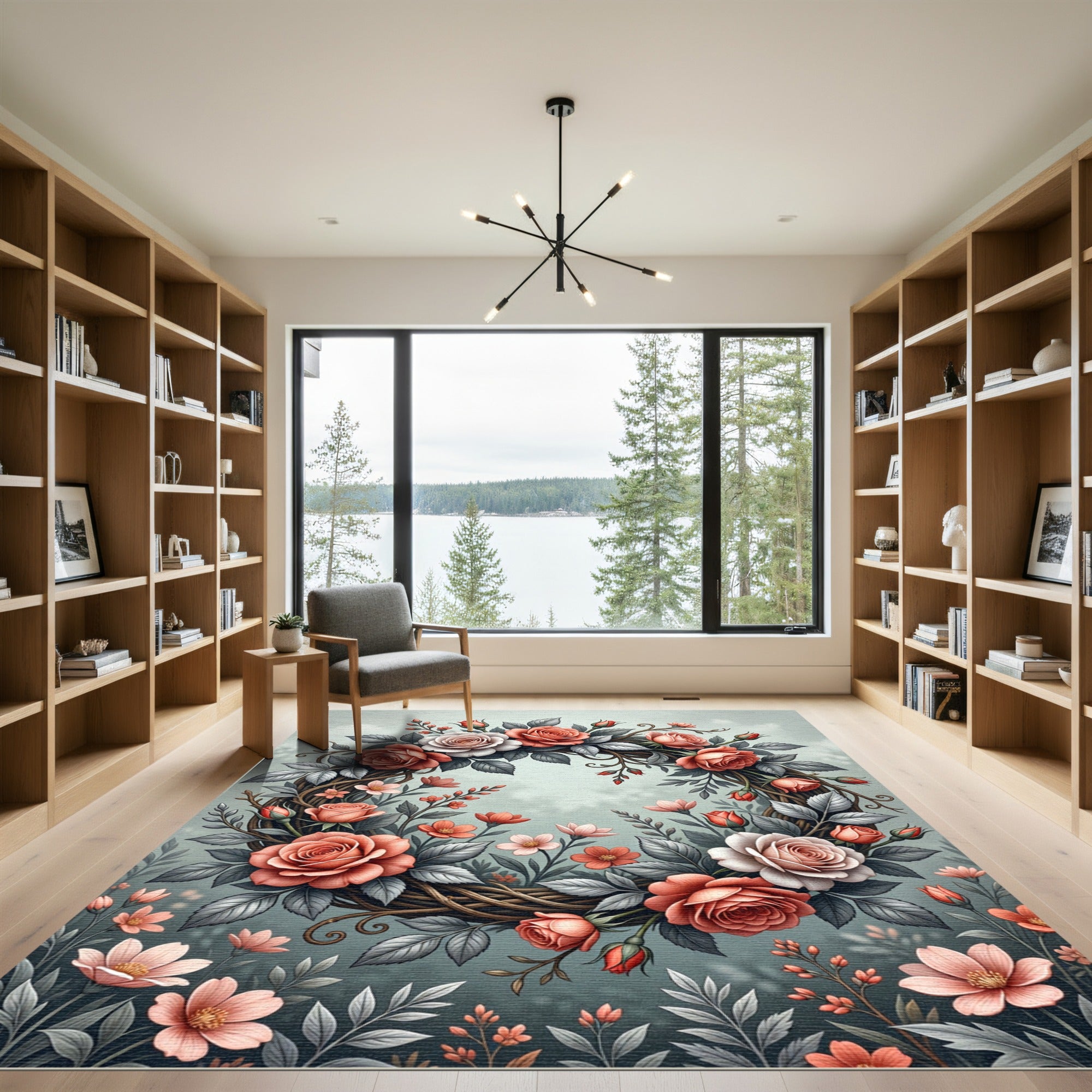 Elegant Peach Rose Wreath Illustration Rug