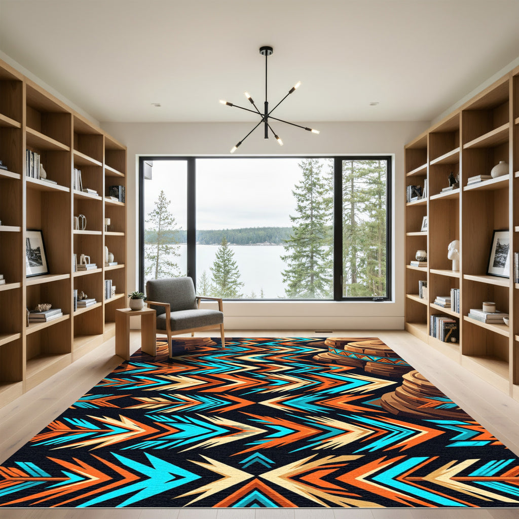 Vibrant Turquoise and Tangerine Geometric Canyon Rug