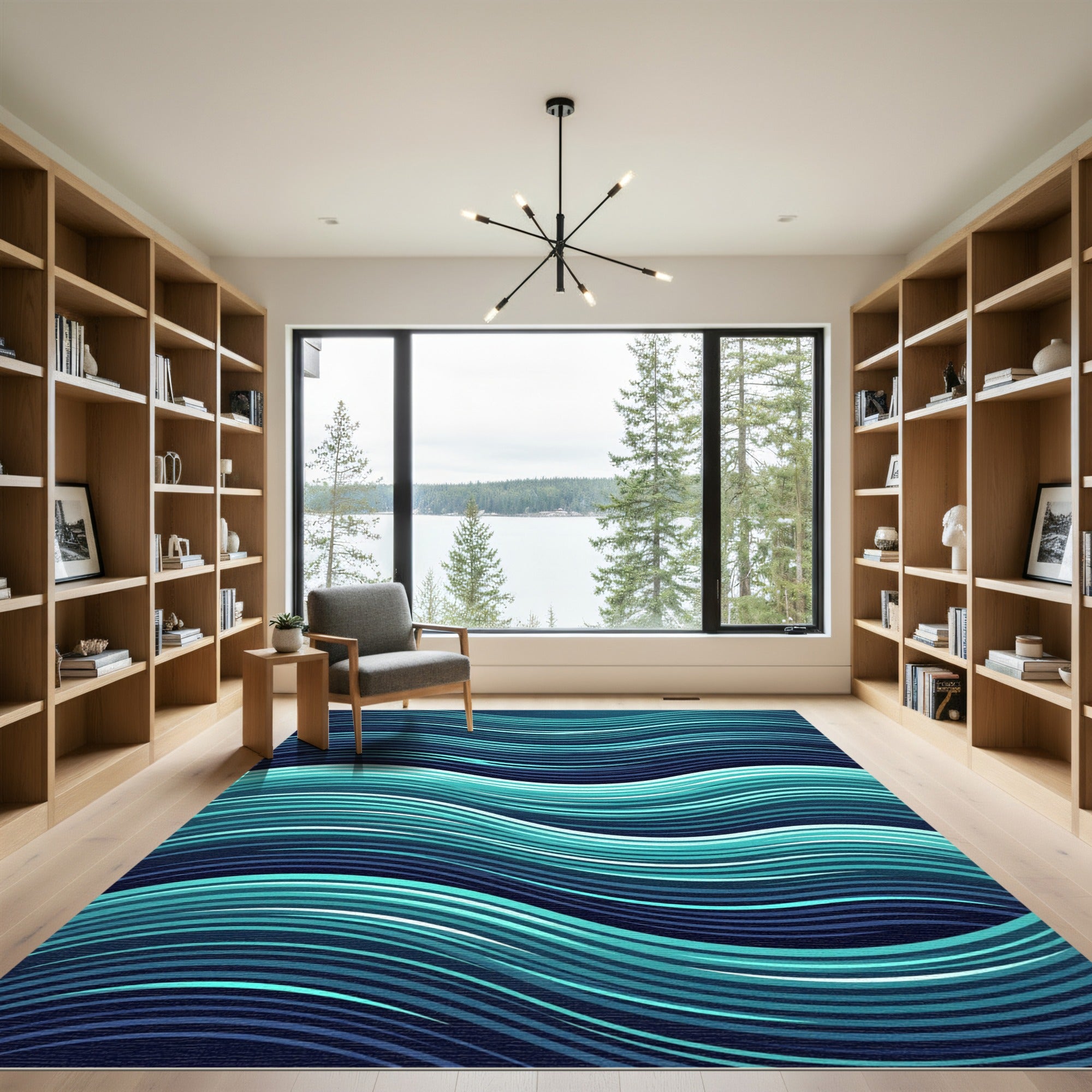 Modern Teal Blue Rippling Ocean Wave Rug