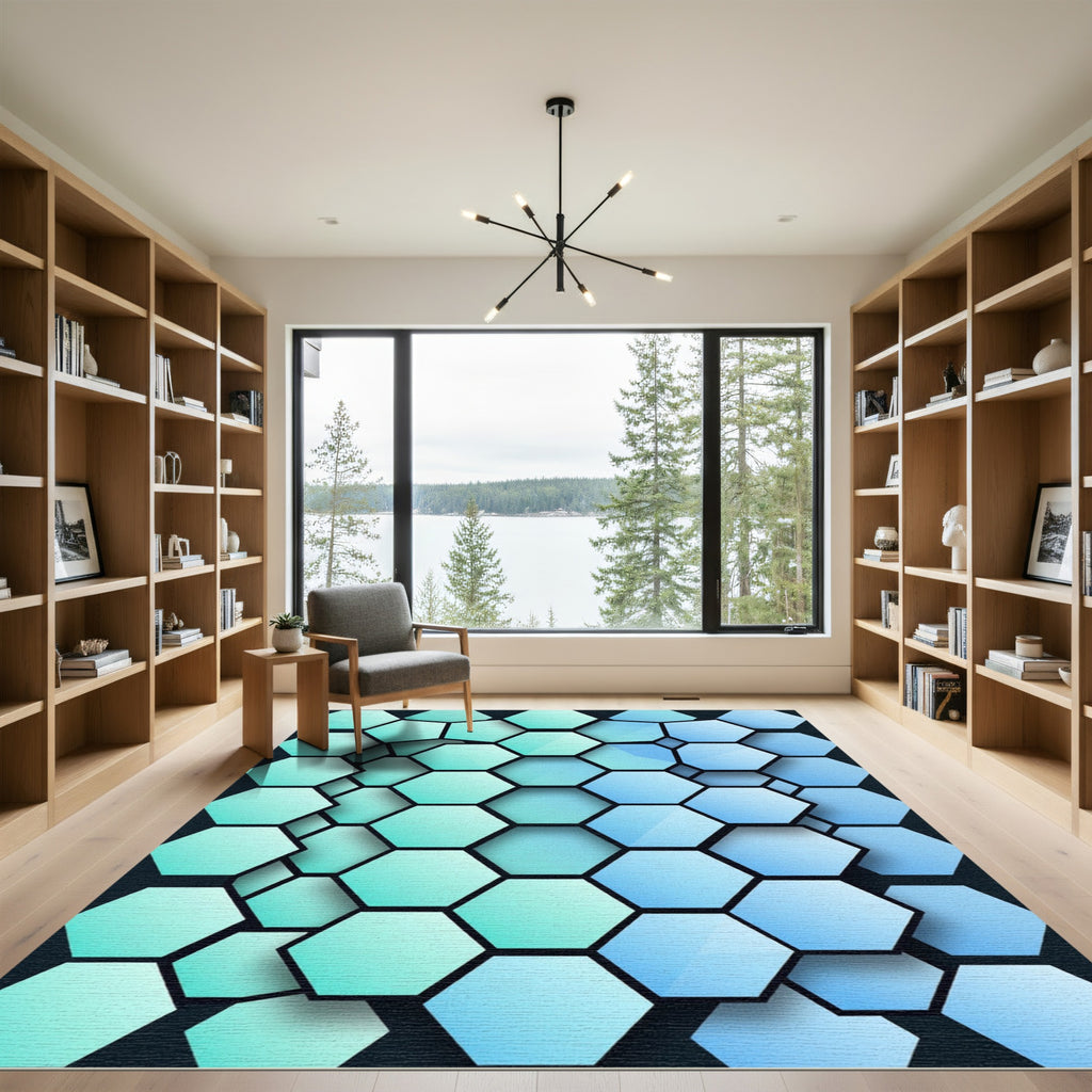 Modern Teal and Azure Geometric Hexagon Rug