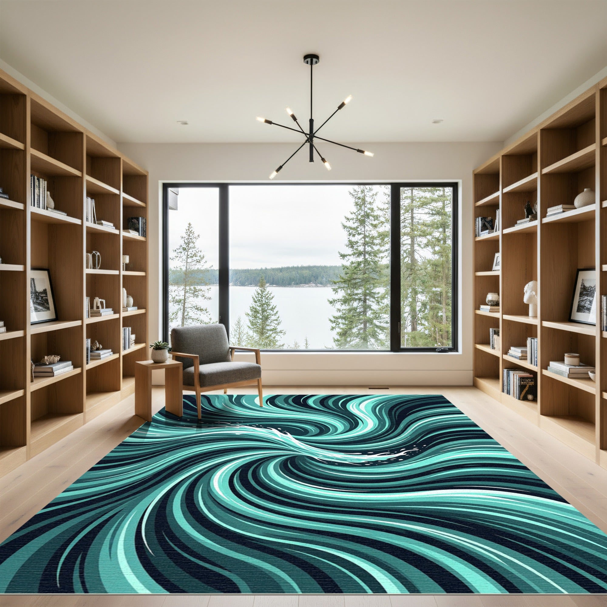 Teal Abstract Swirling Ocean Wave Rug