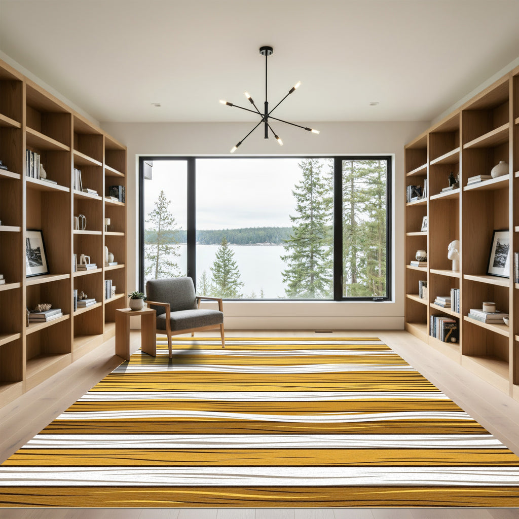 Golden Organic Abstract Wavy Striped Rug