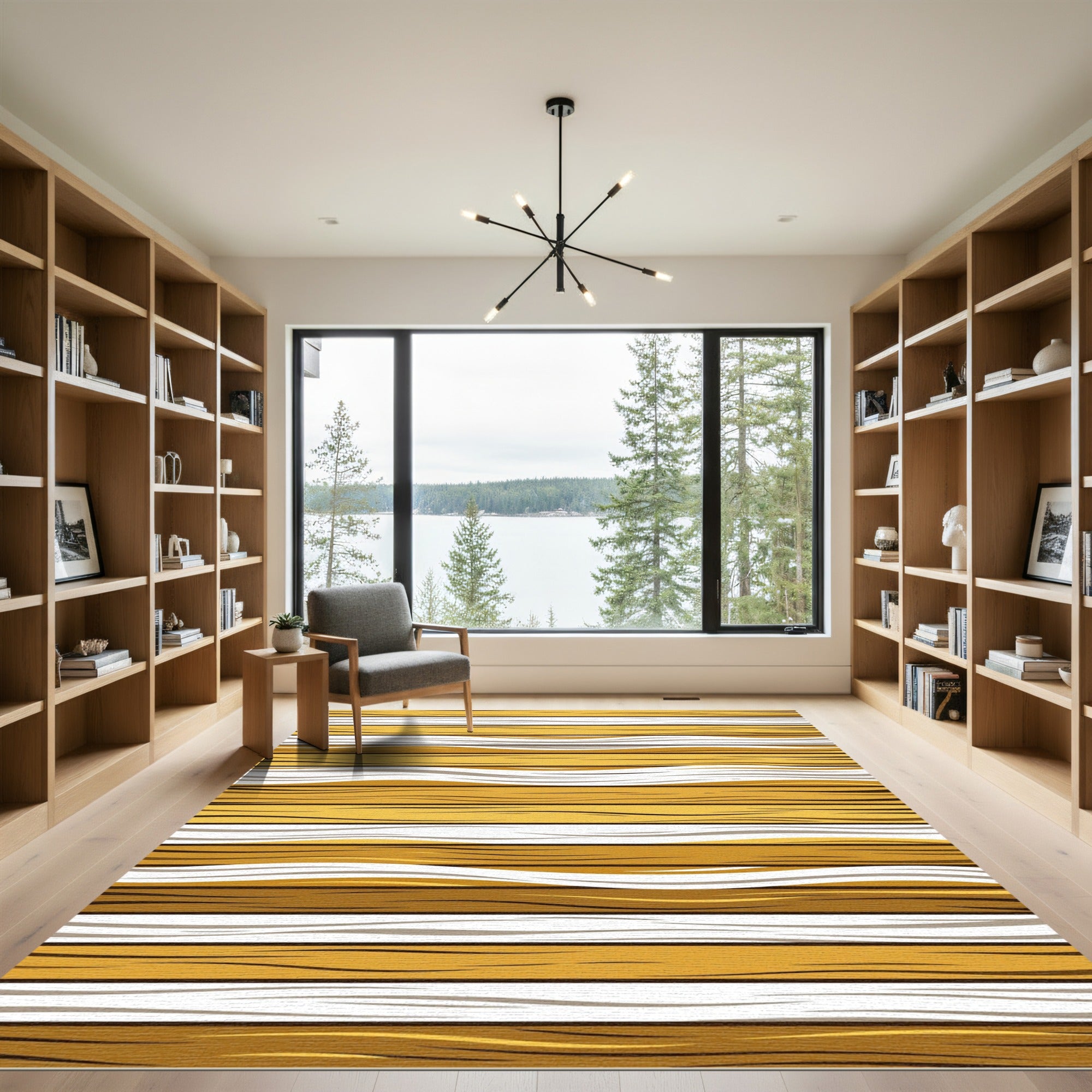 Golden Organic Abstract Wavy Striped Rug
