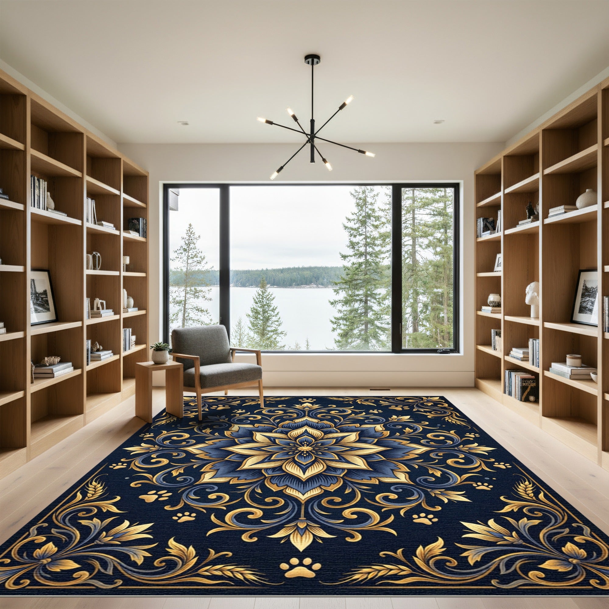 Elegant Navy Gold Floral Paw Mandala Rug