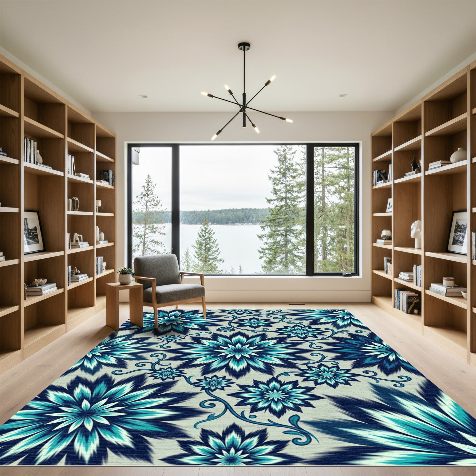 Deep Blue Teal Floral Filigree Rug