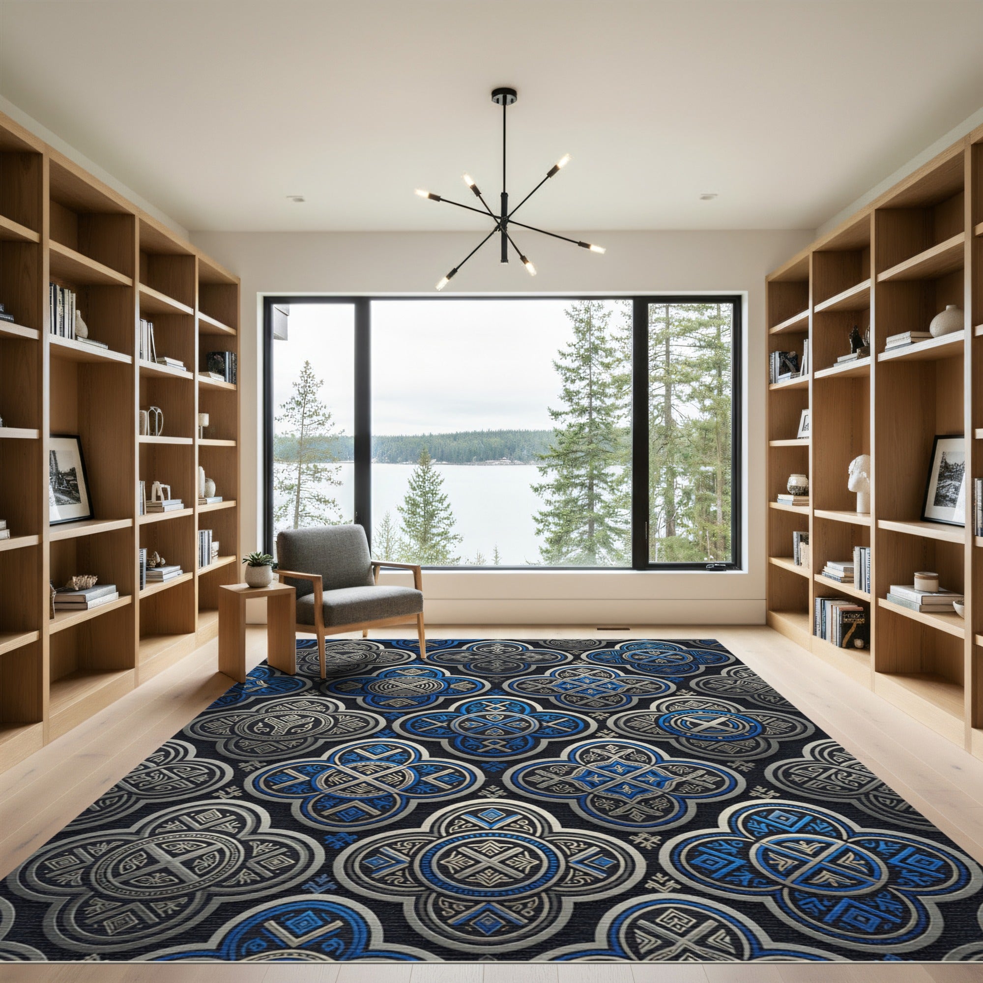 Blue Silver Ornate Quatrefoil Geometric Tile Rug