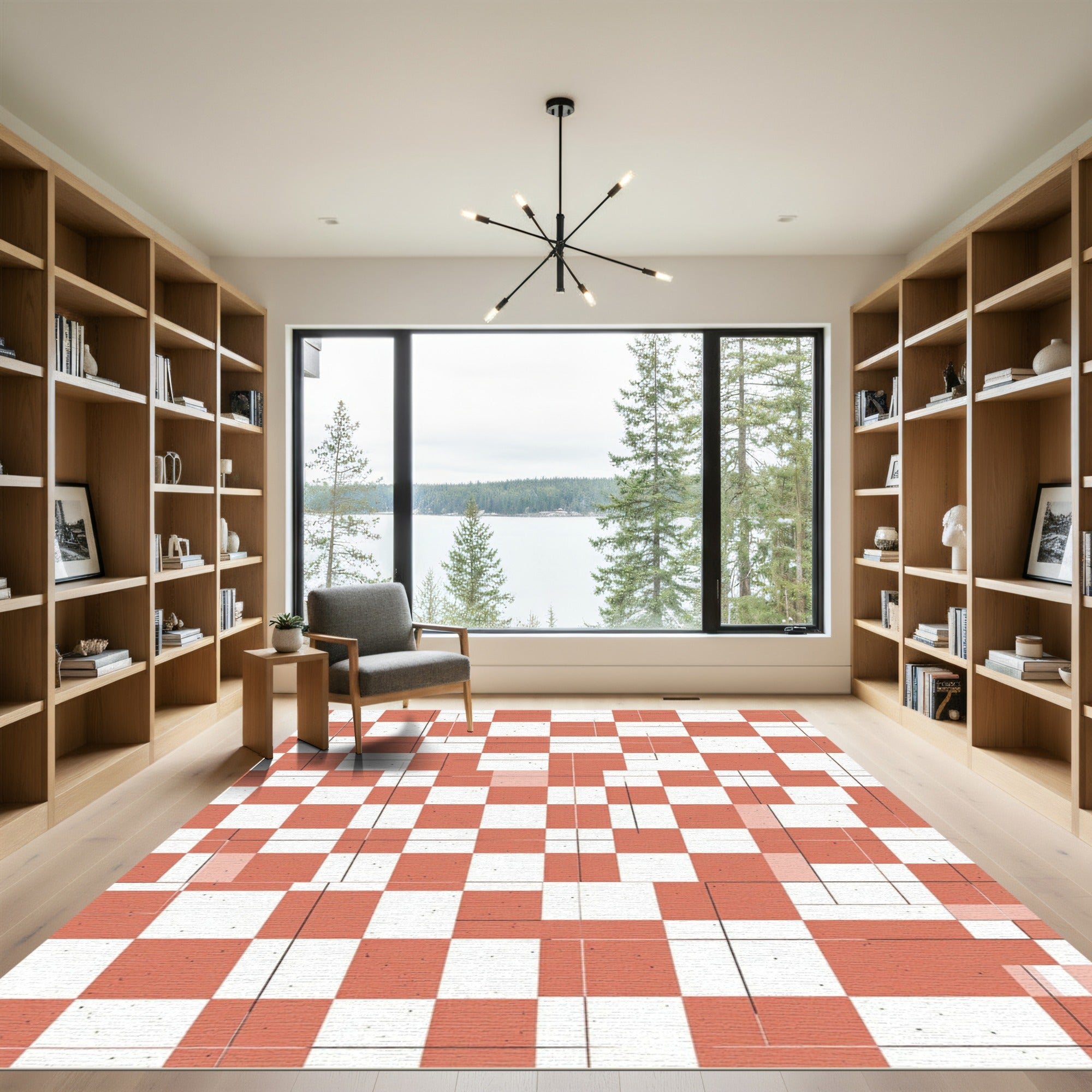 Terracotta Peach Checkered Grid Abstract Rug
