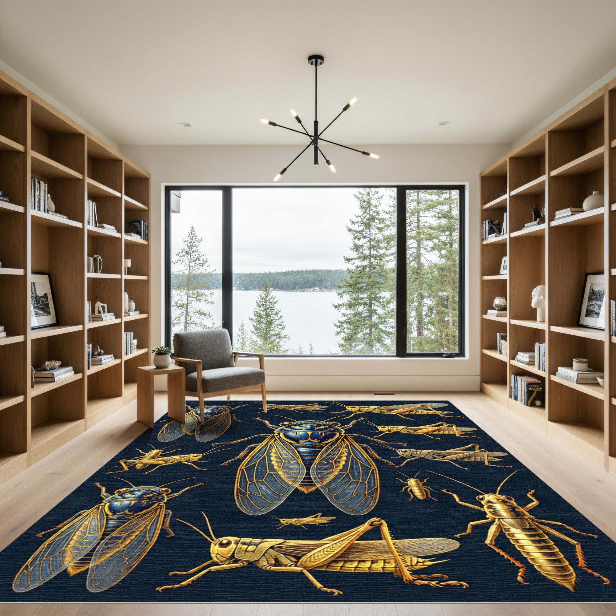 Golden Entomological Cicada Grasshopper Illustration Rug