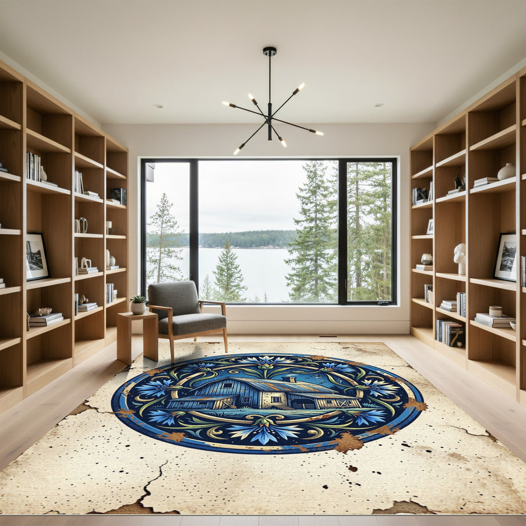 Blue Floral Barn Cottage Medallion Rug