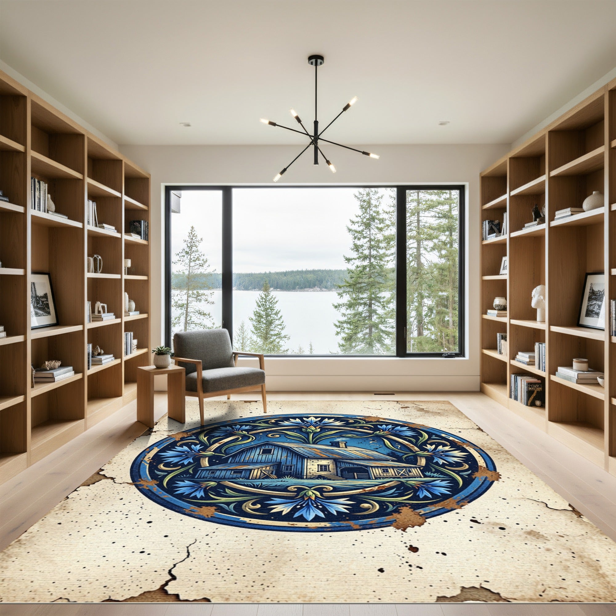 Blue Floral Barn Cottage Medallion Rug