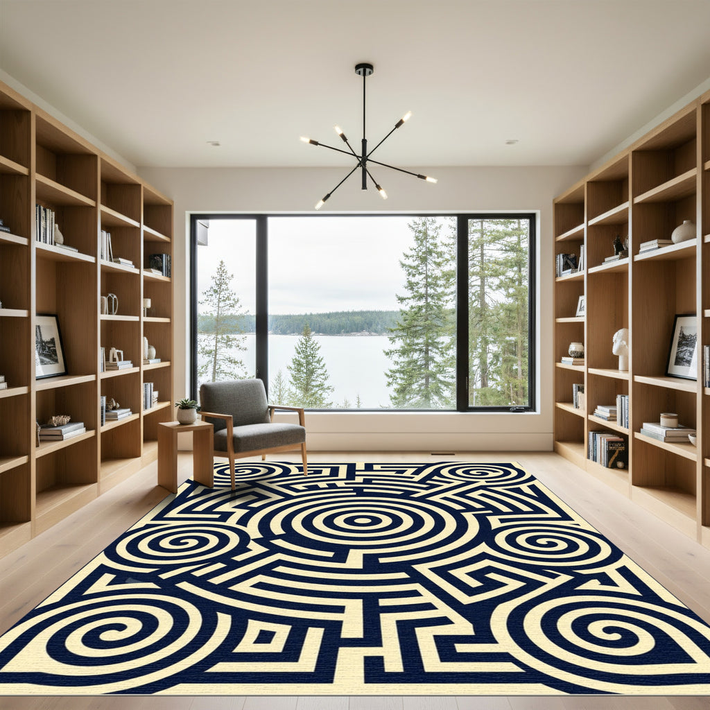 Midnight Blue Contemporary Geometric Labyrinth Rug