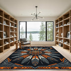 Geometric Orange and Charcoal Feather Medallion Rug