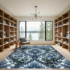 Elegant Blue Rose Damask Scroll Rug