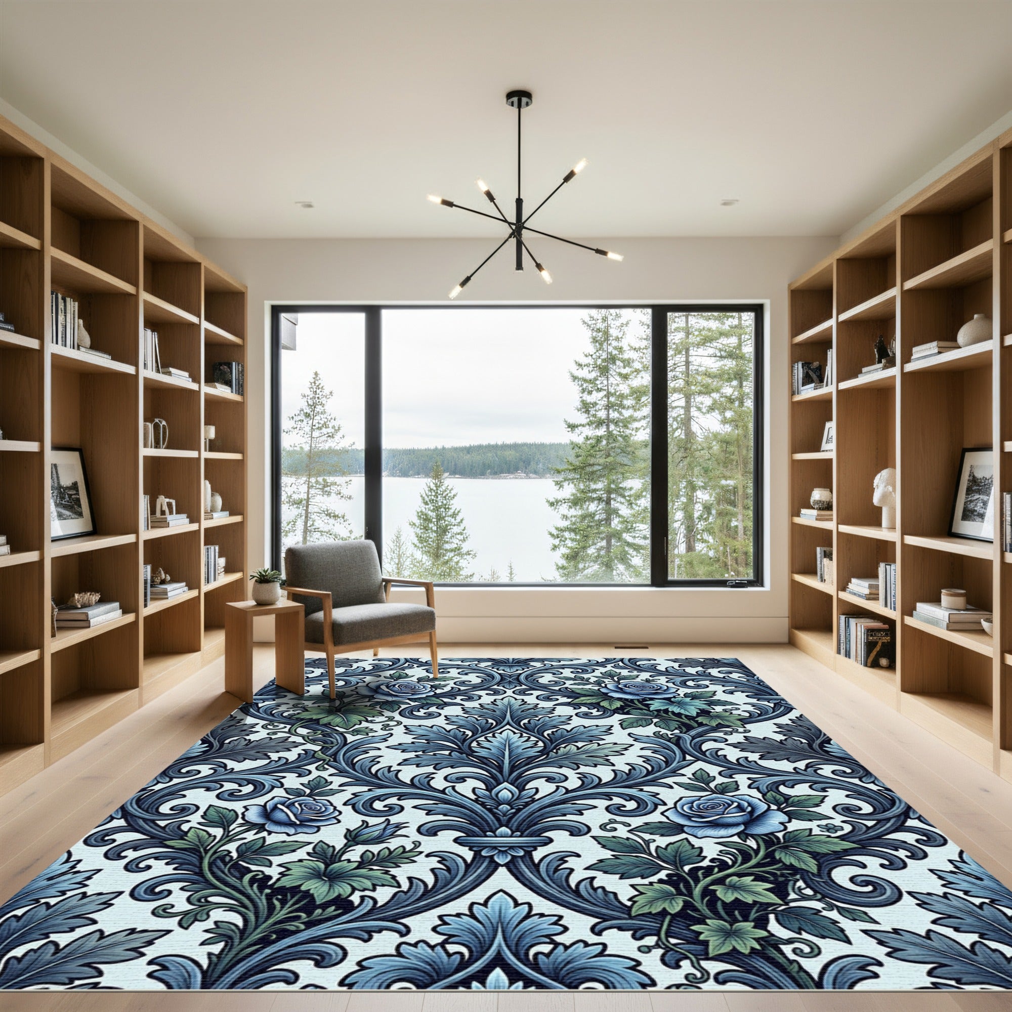 Elegant Blue Rose Damask Scroll Rug
