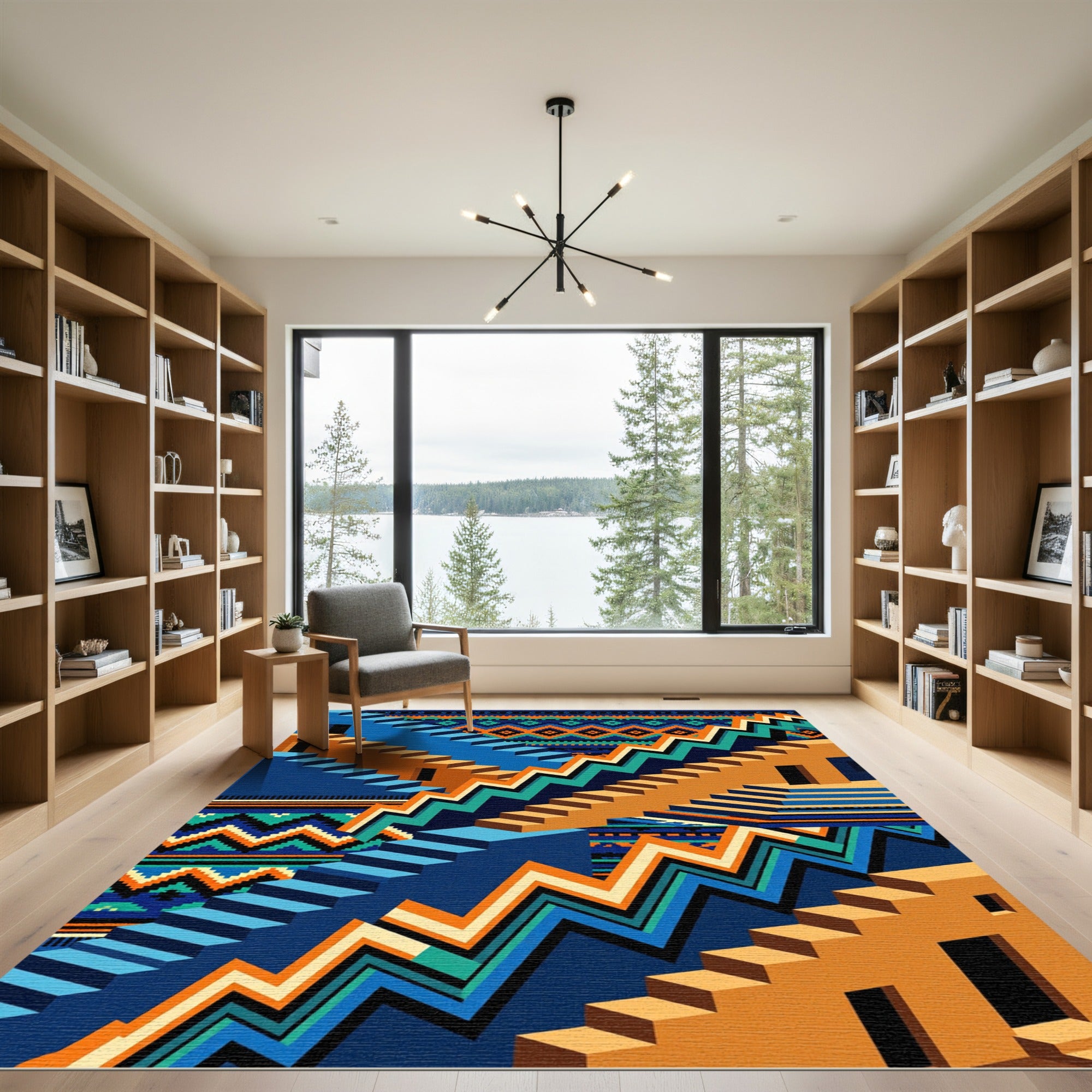 Geometric Staircase Blues Orange Accents Rug