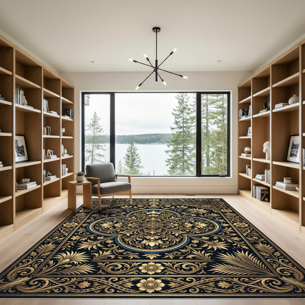 Ornate Gold Floral Damask Black Rug