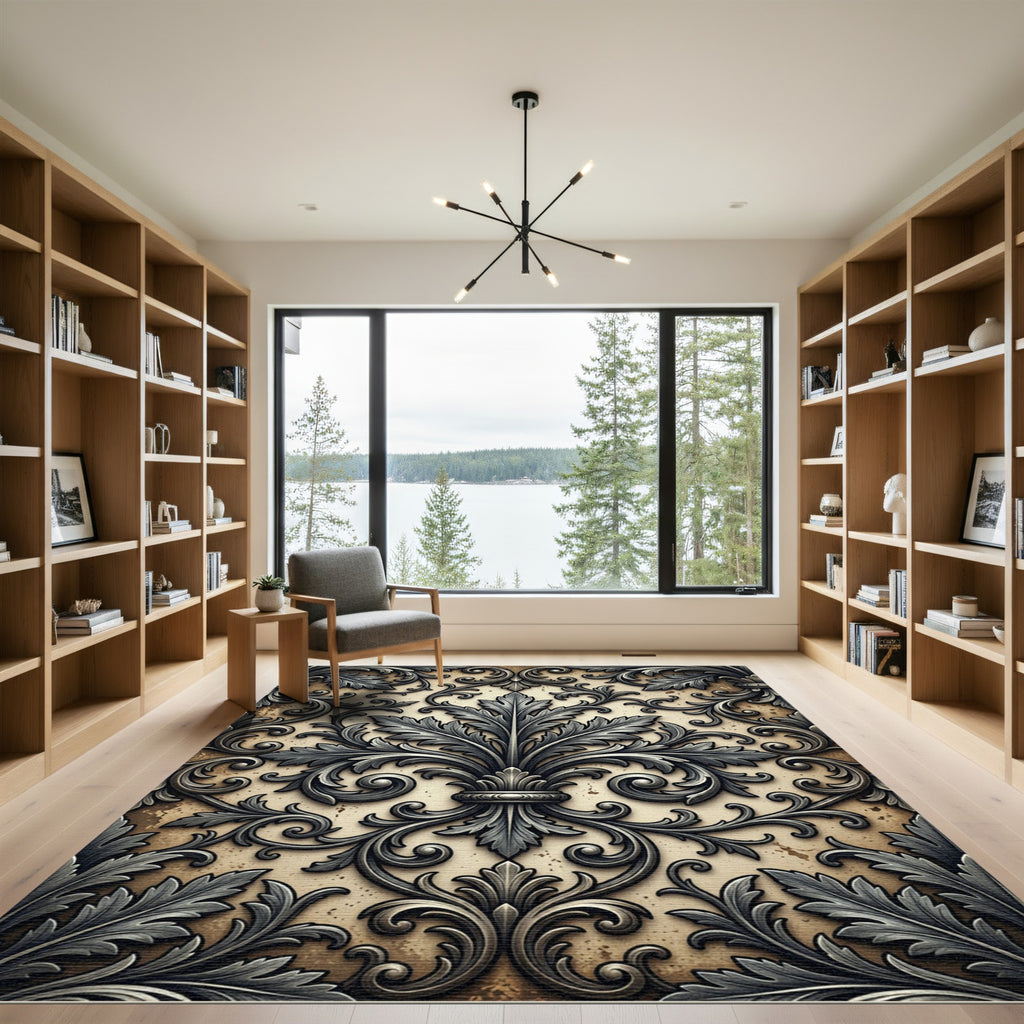 Ornate Metallic Silver Damask Scroll Rug