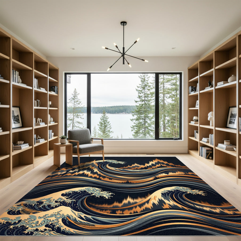 Bold Gold Abstract Wave Composition Rug