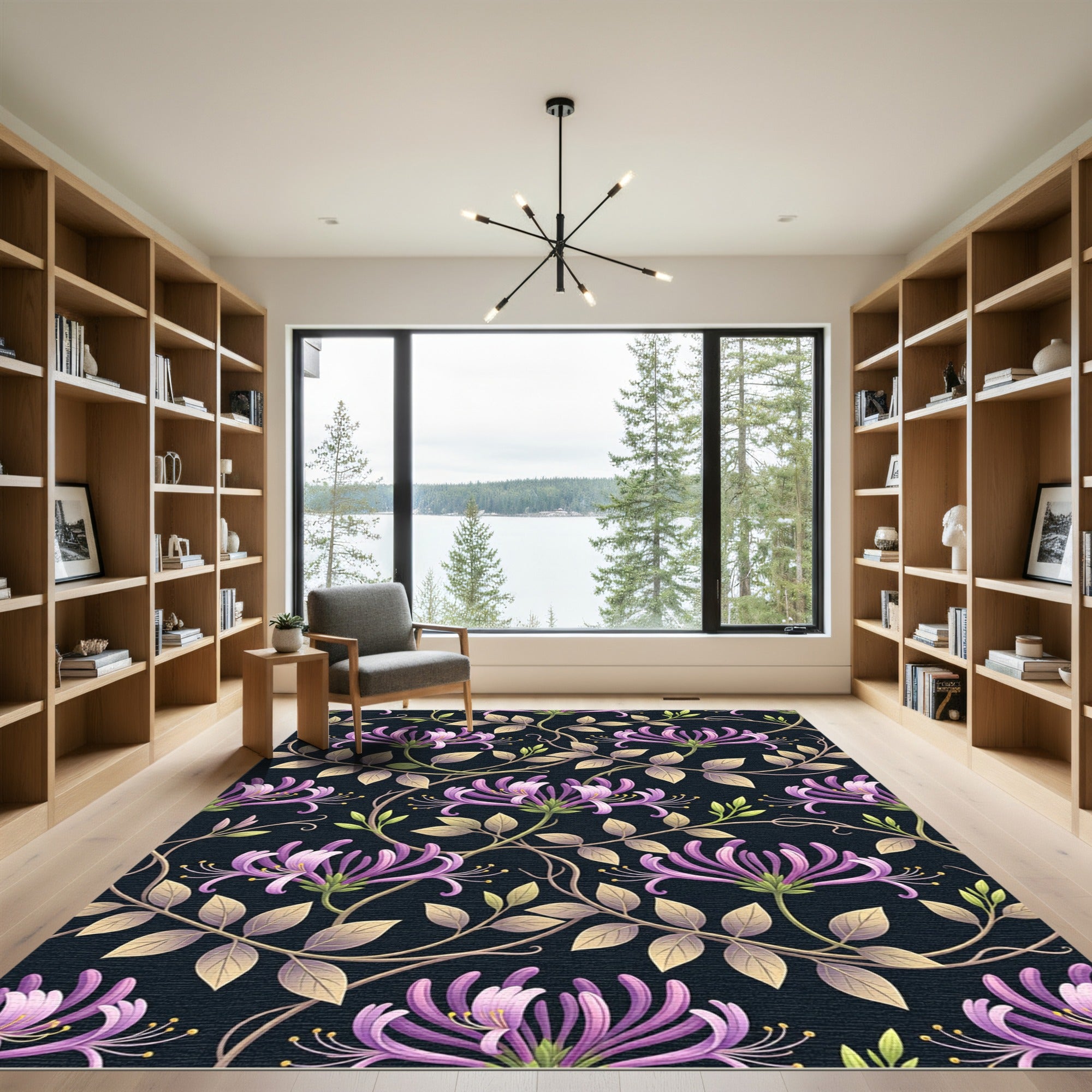 Elegant Purple Honeysuckle Dark Botanical Vine Rug