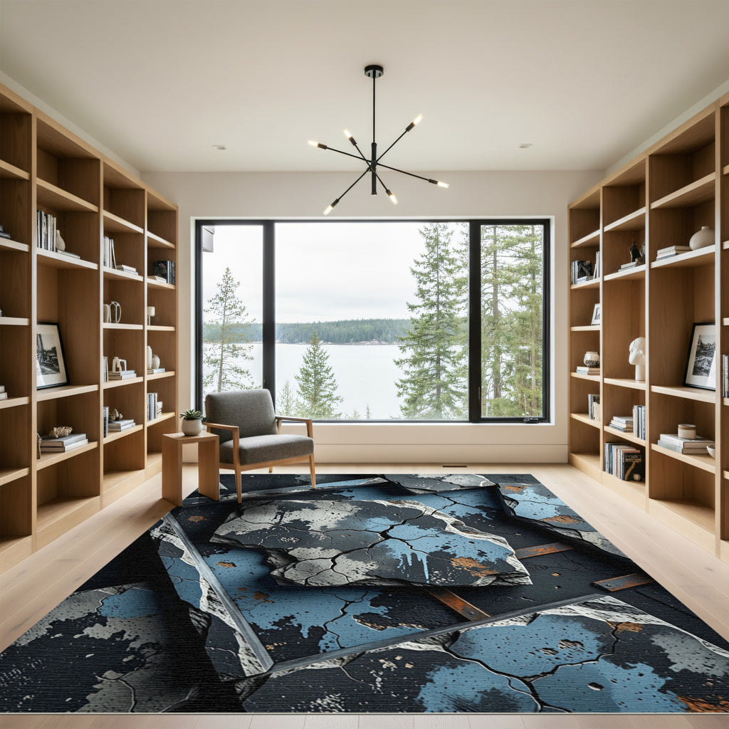 Cracked Concrete Blue Splatter Abstract Rug