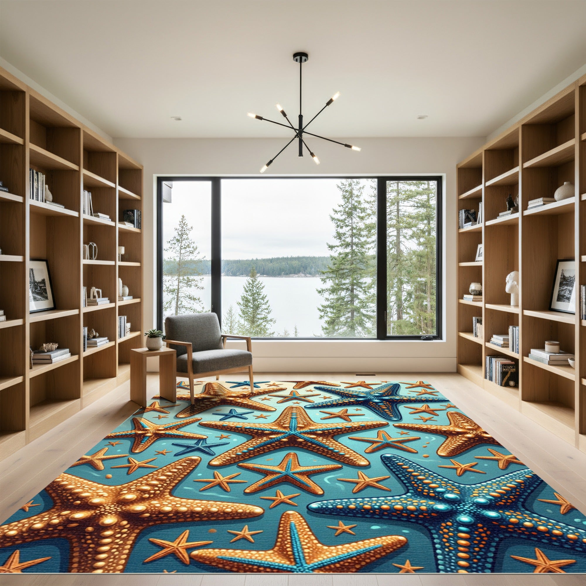 Coastal Blue and Gold Starfish Arrangement Rug